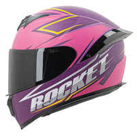A full face Joe Rocket motorcycle helmet with a black, red, and yellow design, featuring a clear face shield and a rear spoiler.