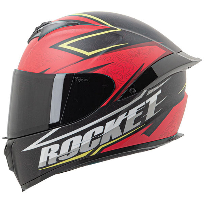 A full face Joe Rocket motorcycle helmet with a black, red, and yellow design, featuring a clear face shield and a rear spoiler.