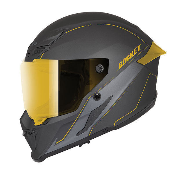 A black Joe Rocket RKT 240 full face helmet with gold accents and a clear cut, anti-scratch and UV resistant face shield.