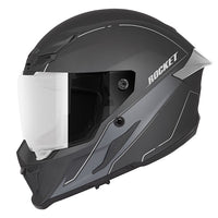A black Joe Rocket RKT 240 full face helmet with silver accents and a clear cut, anti-scratch and UV resistant face shield.