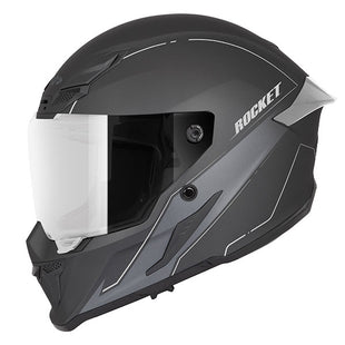 A black Joe Rocket RKT 240 full face helmet with silver accents and a clear cut, anti-scratch and UV resistant face shield.