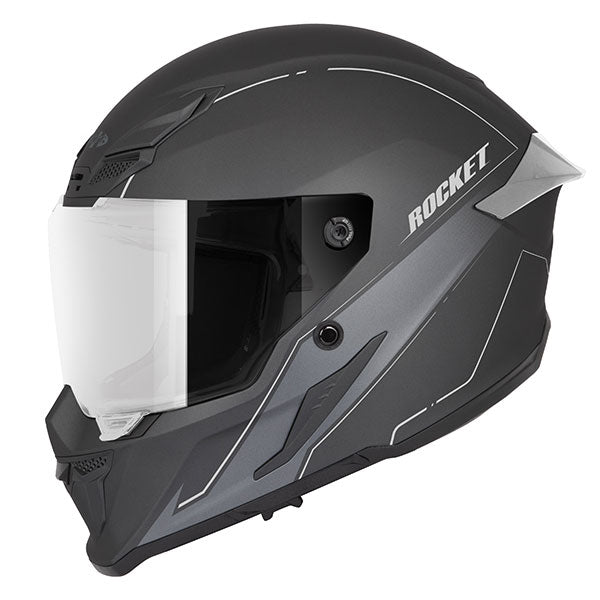 A black Joe Rocket RKT 240 full face helmet with silver accents and a clear cut, anti-scratch and UV resistant face shield.