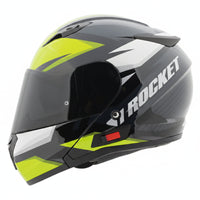 Black motorcycle helmet with yellow accents on a black background