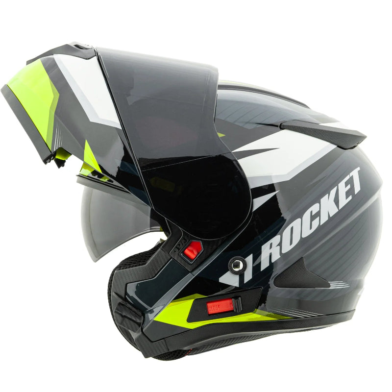 Motorcycle helmet with visor open on a white background, featuring the 'Rocket' brand.