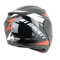 Black motorcycle helmet with red and white accents on a white background