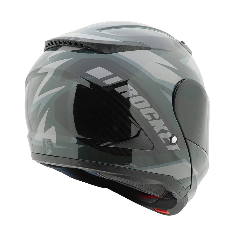 Gray motorcycle helmet with a reflective visor on a white background