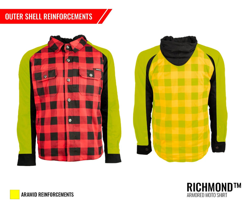 Illustration of the Joe Rocket Richmond™ Armored Motorcycle Shirt highlighting aramid fiber reinforcement zones. The graphic shows abrasion-resistant aramid panels reinforcing the shoulders, sleeves, and back—high-impact areas that provide increased durability and slide protection while maintaining the shirt's casual flannel appearance. Designed to enhance rider safety without sacrificing everyday comfort or style.