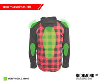 Illustration of the Joe Rocket Richmond™ Armored Motorcycle Shirt showing the integrated Vault™ armour system. The diagram highlights removable CE-approved shoulder, elbow, and full-length spine protectors positioned inside the riding shirt to provide impact protection in key crash zones while maintaining a casual flannel-style appearance. Ideal for riders seeking everyday comfort with built-in motorcycle safety.