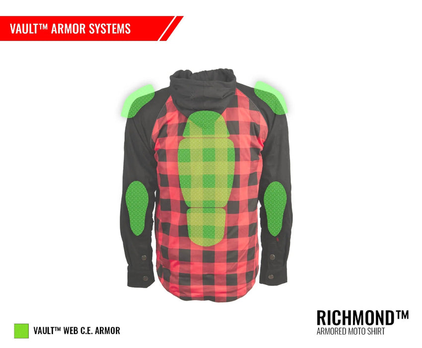 Illustration of the Joe Rocket Richmond™ Armored Motorcycle Shirt showing the integrated Vault™ armour system. The diagram highlights removable CE-approved shoulder, elbow, and full-length spine protectors positioned inside the riding shirt to provide impact protection in key crash zones while maintaining a casual flannel-style appearance. Ideal for riders seeking everyday comfort with built-in motorcycle safety.