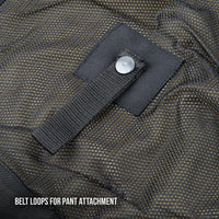 Close-up of the interior belt loop attachment system inside the Joe Rocket Richmond™ Armored Motorcycle Shirt. A heavy-duty reinforced nylon loop with a snap fastener is securely stitched to the breathable mesh lining, allowing the shirt to attach to compatible motorcycle pants. This feature helps prevent the shirt from riding up while riding, improving comfort, coverage, and safety.