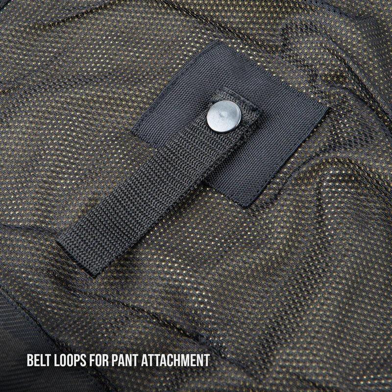 Close-up of the interior belt loop attachment system inside the Joe Rocket Richmond™ Armored Motorcycle Shirt. A heavy-duty reinforced nylon loop with a snap fastener is securely stitched to the breathable mesh lining, allowing the shirt to attach to compatible motorcycle pants. This feature helps prevent the shirt from riding up while riding, improving comfort, coverage, and safety.
