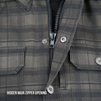 Close-up of the Joe Rocket Richmond™ Armored Motorcycle Shirt showing the hidden main zipper opening beneath the snap-button front placket. The grey plaid cotton outer shell features durable metal snaps and dual chest pockets, while the heavy-duty YKK zipper provides a secure closure and added wind protection. This concealed zipper design combines the casual appearance of a classic flannel shirt with the functionality and safety of a protective motorcycle riding jacket.