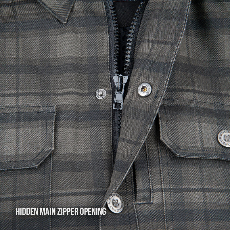 Close-up of the Joe Rocket Richmond™ Armored Motorcycle Shirt showing the hidden main zipper opening beneath the snap-button front placket. The grey plaid cotton outer shell features durable metal snaps and dual chest pockets, while the heavy-duty YKK zipper provides a secure closure and added wind protection. This concealed zipper design combines the casual appearance of a classic flannel shirt with the functionality and safety of a protective motorcycle riding jacket.