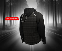 Rear view of the Joe Rocket Richmond™ Armored Motorcycle Shirt highlighting reflective trim along the upper back and shoulders. The subtle reflective accents enhance rider visibility in low-light and nighttime conditions while maintaining the shirt's casual plaid appearance. The removable hood, black sleeves, and durable cotton blend construction complete the versatile riding design.