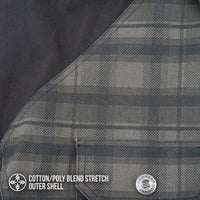 Close-up of the Joe Rocket Richmond™ Armored Motorcycle Shirt showing the hidden main zipper opening beneath the snap-button front placket. The grey plaid cotton outer shell features durable metal snaps and dual chest pockets, while the heavy-duty YKK zipper provides a secure closure and added wind protection. This concealed zipper design combines the casual appearance of a classic flannel shirt with the functionality and safety of a protective motorcycle riding jacket.
