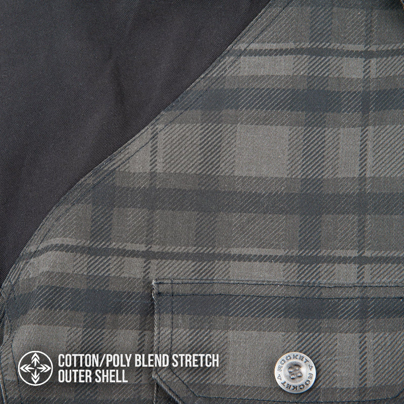 Close-up of the Joe Rocket Richmond™ Armored Motorcycle Shirt showing the hidden main zipper opening beneath the snap-button front placket. The grey plaid cotton outer shell features durable metal snaps and dual chest pockets, while the heavy-duty YKK zipper provides a secure closure and added wind protection. This concealed zipper design combines the casual appearance of a classic flannel shirt with the functionality and safety of a protective motorcycle riding jacket.