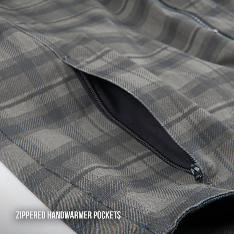 Close-up of the Joe Rocket Richmond™ Armored Motorcycle Shirt's zippered handwarmer pocket. The discreet side-entry pocket is integrated into the plaid cotton outer shell, providing secure storage for essentials while keeping hands warm during cooler rides. Durable construction and a concealed zipper maintain the shirt's clean, casual appearance.