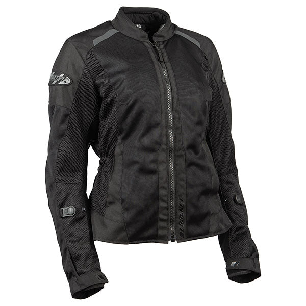 A Joe Rocket women's black mesh jacket with a mandarin collar, zippered front, and sleeve adjusters.