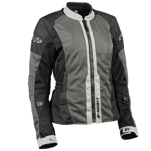 A Joe Rocket women's black dark grey and light grey mesh jacket with a mandarin collar, zippered front, and sleeve adjusters.