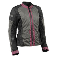 A Joe Rocket women's black grey and merlot mesh jacket with a mandarin collar, zippered front, and sleeve adjusters.