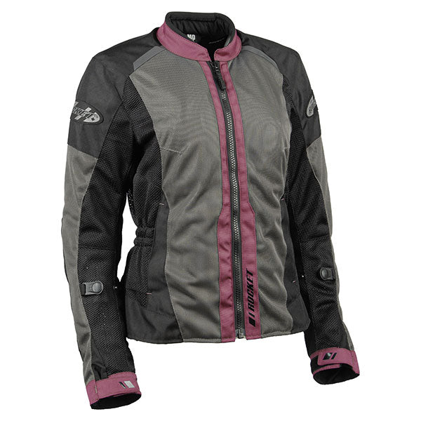A Joe Rocket women's black grey and merlot mesh jacket with a mandarin collar, zippered front, and sleeve adjusters.