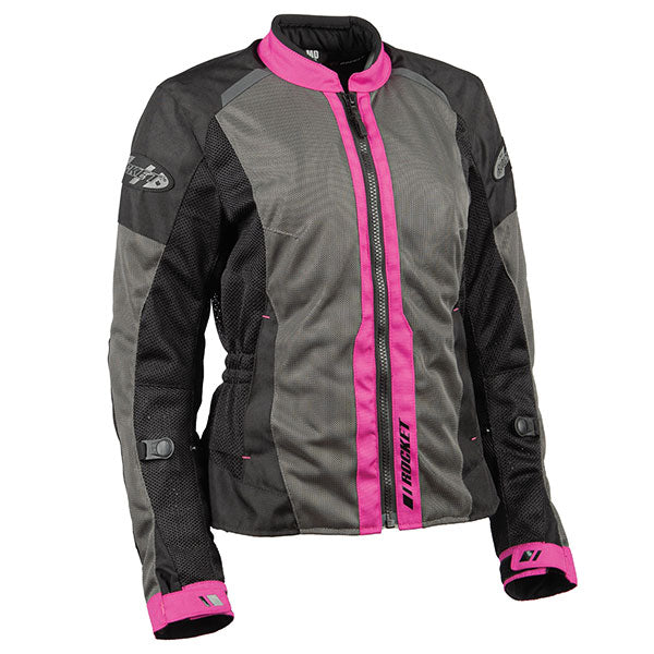 A Joe Rocket women's black grey and pink mesh jacket with a mandarin collar, zippered front, and sleeve adjusters.