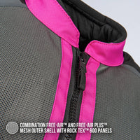 Close-up of a jacket showing a gray mesh outer shell with bright pink trim and a black zipper. Text at the bottom reads: 'COMBINATION FREE-AIR™ and FREE-AIR PLUS™ MESH OUTER SHELL WITH ROCK TEX™ 600 PANELS'.