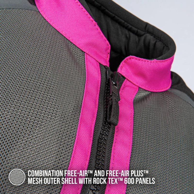 Close-up of a jacket showing a gray mesh outer shell with bright pink trim and a black zipper. Text at the bottom reads: 'COMBINATION FREE-AIR™ and FREE-AIR PLUS™ MESH OUTER SHELL WITH ROCK TEX™ 600 PANELS'.