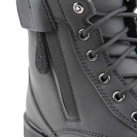 Close-up of the Joe Rocket Iron Age Waterproof Motorcycle Cruiser Boot highlighting the convenient side zipper with hook-and-loop retention strap for easy on and off. The durable black leather construction, classic lace-up design, and waterproof build provide comfort, protection, and convenience for cruiser, touring, and everyday motorcycle riding.