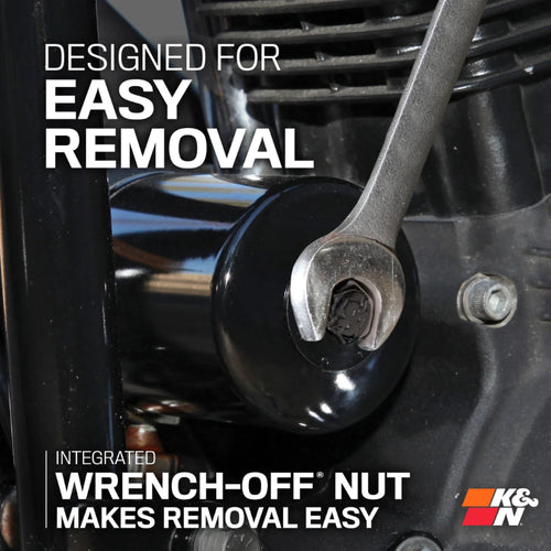 Mechanical component with wrench and text 'Designed for easy removal' and 'K&N' logo.