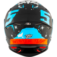 Motorcycle helmet with blue and black design, featuring a brand logo and text on a white background.
