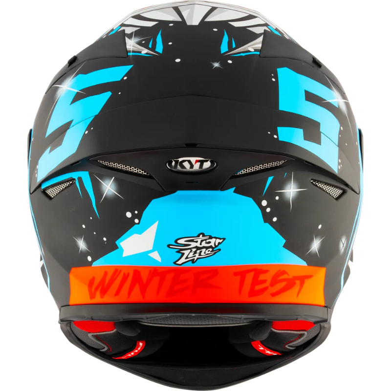 Motorcycle helmet with blue and black design, featuring a brand logo and text on a white background.