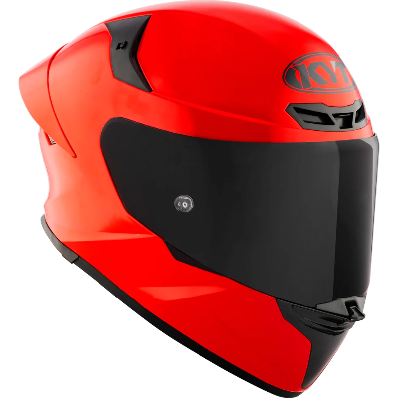 KYT TT-Revo full-face motorcycle helmet in Gloss Gara Red featuring a dark smoke visor, lightweight aerodynamic shell, advanced ventilation system, and race-inspired styling. DOT and ECE certified sport bike helmet engineered for superior comfort, protection, and performance on the street and track.