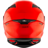Rear view of the KYT TT-Revo full-face motorcycle helmet in Gloss Gara Red with an aerodynamic shell, integrated rear exhaust ventilation, lightweight construction, and race-inspired styling. DOT and ECE certified sport bike helmet engineered for optimal airflow, comfort, and protection on the street and track.