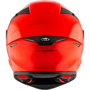 Red motorcycle helmet with black accents on a white background