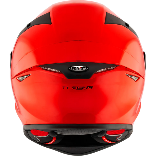 Rear view of the KYT TT-Revo full-face motorcycle helmet in Gloss Gara Red with an aerodynamic shell, integrated rear exhaust ventilation, lightweight construction, and race-inspired styling. DOT and ECE certified sport bike helmet engineered for optimal airflow, comfort, and protection on the street and track.