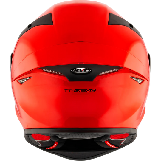 Rear view of the KYT TT-Revo full-face motorcycle helmet in Gloss Gara Red with an aerodynamic shell, integrated rear exhaust ventilation, lightweight construction, and race-inspired styling. DOT and ECE certified sport bike helmet engineered for optimal airflow, comfort, and protection on the street and track.
