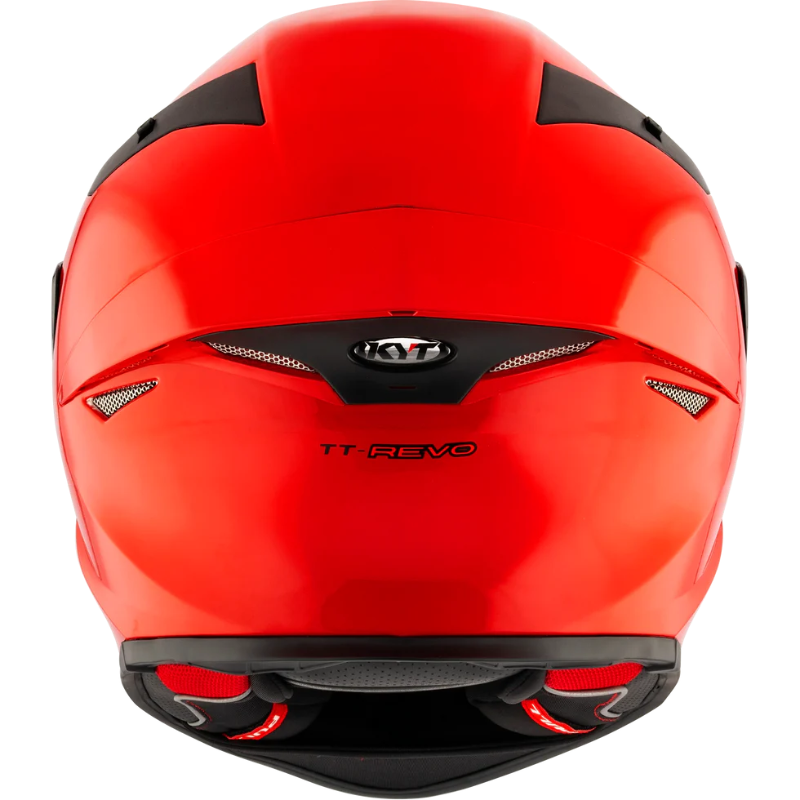 Rear view of the KYT TT-Revo full-face motorcycle helmet in Gloss Gara Red with an aerodynamic shell, integrated rear exhaust ventilation, lightweight construction, and race-inspired styling. DOT and ECE certified sport bike helmet engineered for optimal airflow, comfort, and protection on the street and track.