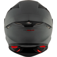 Rear view of the KYT TT-Revo full-face motorcycle helmet in Matte Grey with an aerodynamic shell, integrated rear exhaust ventilation, lightweight construction, and race-inspired styling. DOT and ECE certified sport bike helmet engineered for optimal airflow, comfort, and protection on the street and track.