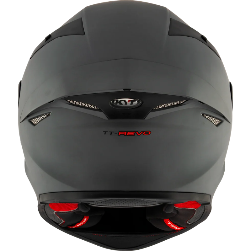 Rear view of the KYT TT-Revo full-face motorcycle helmet in Matte Grey with an aerodynamic shell, integrated rear exhaust ventilation, lightweight construction, and race-inspired styling. DOT and ECE certified sport bike helmet engineered for optimal airflow, comfort, and protection on the street and track.