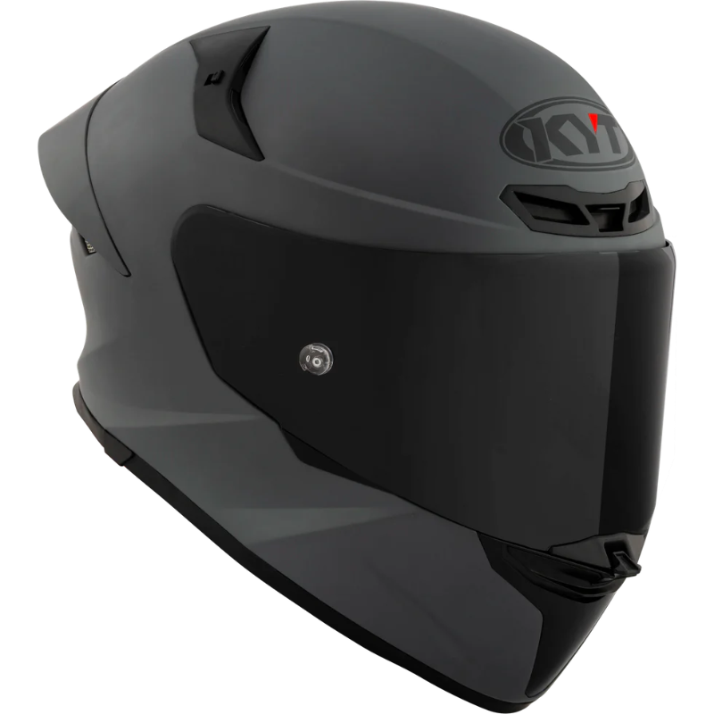 KYT TT-Revo full-face motorcycle helmet in Matte Grey featuring a dark smoke visor, lightweight aerodynamic shell, advanced ventilation system, and race-inspired styling. DOT and ECE certified sport bike helmet engineered for superior comfort, protection, and performance on the street and track.
