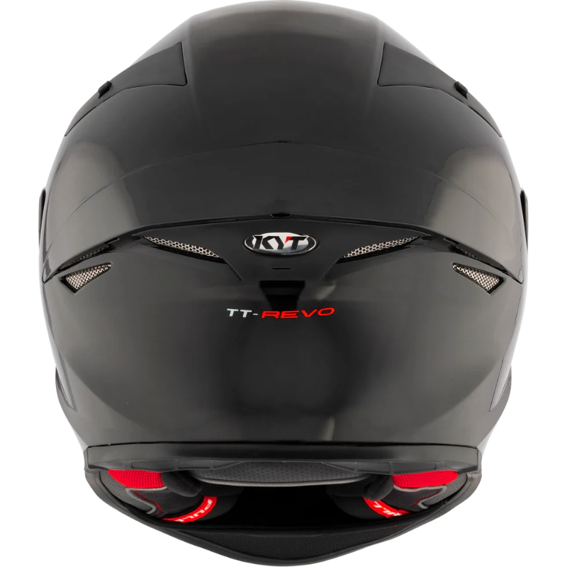 Rear view of the KYT TT-Revo full-face motorcycle helmet in Matte Black with an aerodynamic shell, integrated rear exhaust ventilation, lightweight construction, and race-inspired styling. DOT and ECE certified sport bike helmet engineered for optimal airflow, comfort, and protection on the street and track.