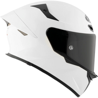 White motorcycle helmet with black visor on a white background
