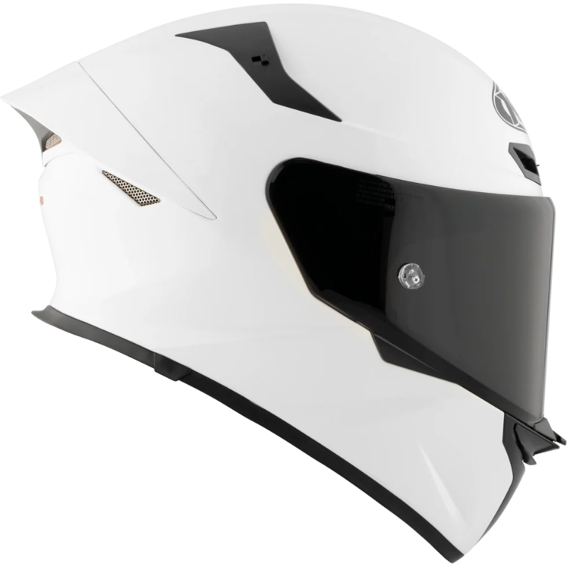White motorcycle helmet with black visor on a white background