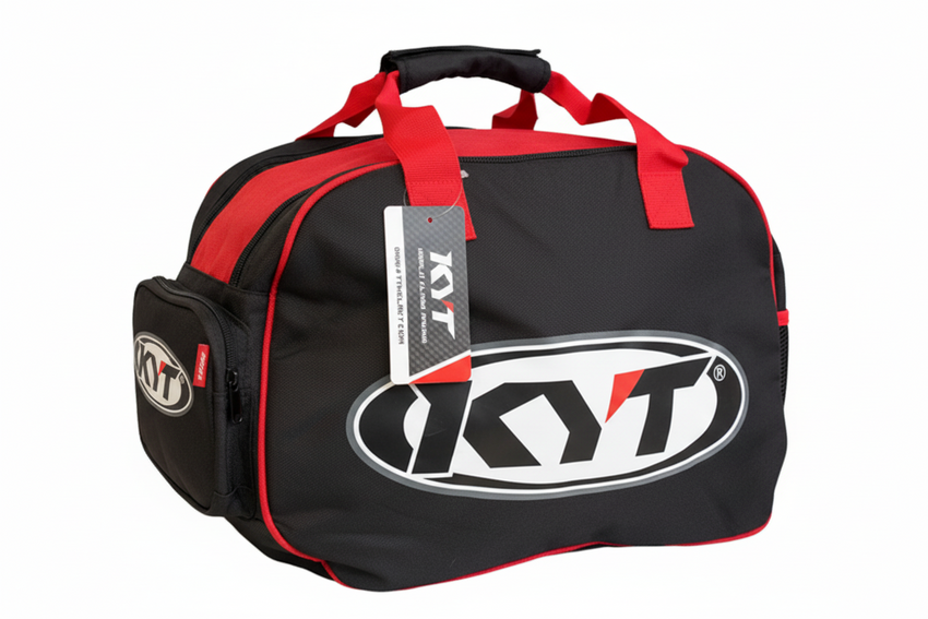 Black and red duffel bag with a visible brand logo on a white background