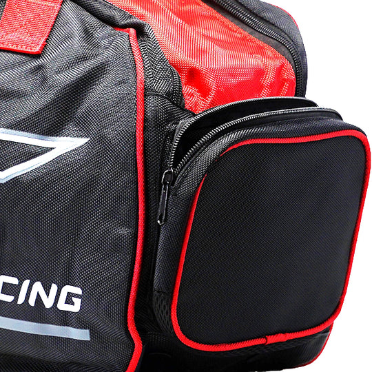 Black and red racing bag side view showing side pocket with visible branding on a white background