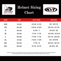 Helmet sizing chart for Yukon Moto Gear & Apparel and KYT helmets with size measurements in CM, Hat Size, and Inches.