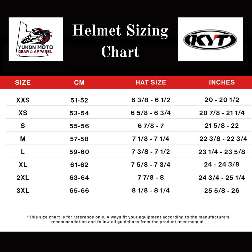 Helmet sizing chart for Yukon Moto Gear & Apparel and KYT helmets with size measurements in CM, Hat Size, and Inches.