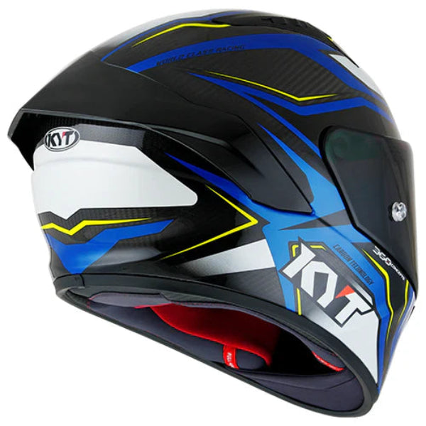 Backside of a KYT NZ Race Helmet in Blue with white, yellow and black accents showing padding on the inside on a white background