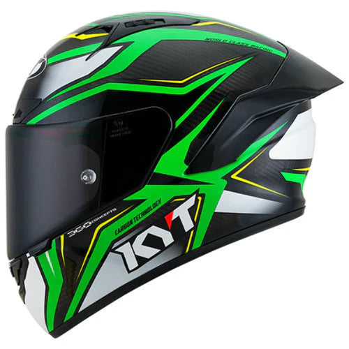 KYT NZ Race Helmet in Green with white, yellow and black accents on a white background